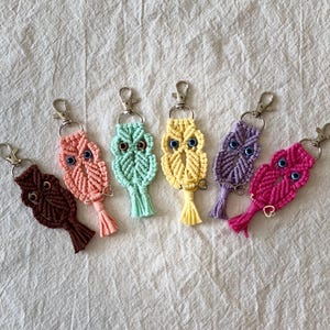 May include: A collection of handmade macrame owl keychains in various colors, including brown, pink, mint green, yellow, purple, and fuchsia. Each keychain features a metal clasp and blue bead eyes, with a tassel at the bottom.