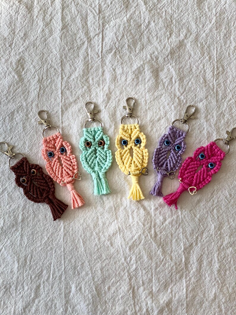 May include: A collection of handmade macrame owl keychains in various colors, including brown, pink, mint green, yellow, purple, and fuchsia. Each keychain features a metal clasp and blue bead eyes, with a tassel at the bottom.