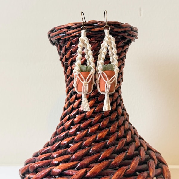 Mini Macrame Plant Earrings with Faux Succulents in Wood Pots, Boho Jewelry