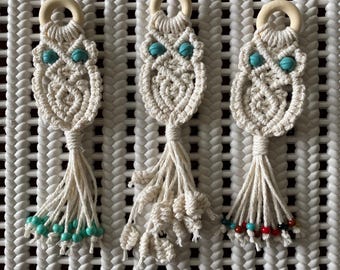 Macrame Owl Keychain With Beads, Boho Owl Accessory