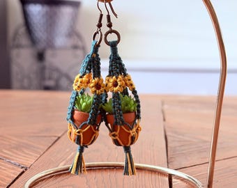 Mini Macrame Plant Hanger Earrings With Faux Succulents, Flower Accents, Boho Jewelry