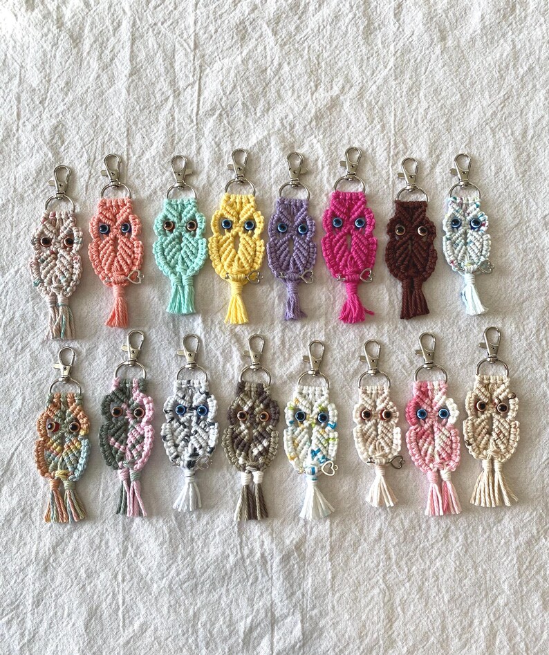 May include: A collection of macrame owl keychains in various colors, including pink, yellow, blue, and brown. Each keychain features a silver clasp and a tassel at the bottom. The owls have detailed woven patterns and bead eyes.
