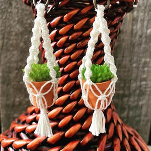 Mini Macrame Plant Earrings with Faux Succulents in Wood Pots, Boho Jewelry