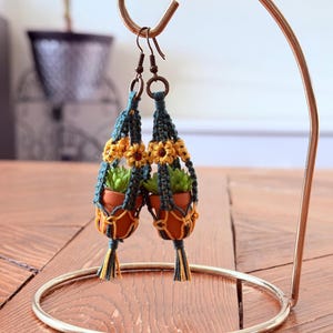 Mini Macrame Plant Hanger Earrings With Faux Succulents, Flower Accents, Boho Jewelry
