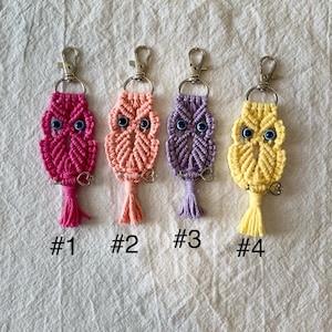 May include: Four macrame owl keychains in shades of pink, peach, purple, and yellow. Each owl has blue eye beads and a tassel. The keychains are labeled #1, #2, #3, and #4.