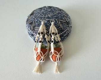 Mini Macrame Plant Hanger Earrings with Beads, Faux Succulents, Wood Pots