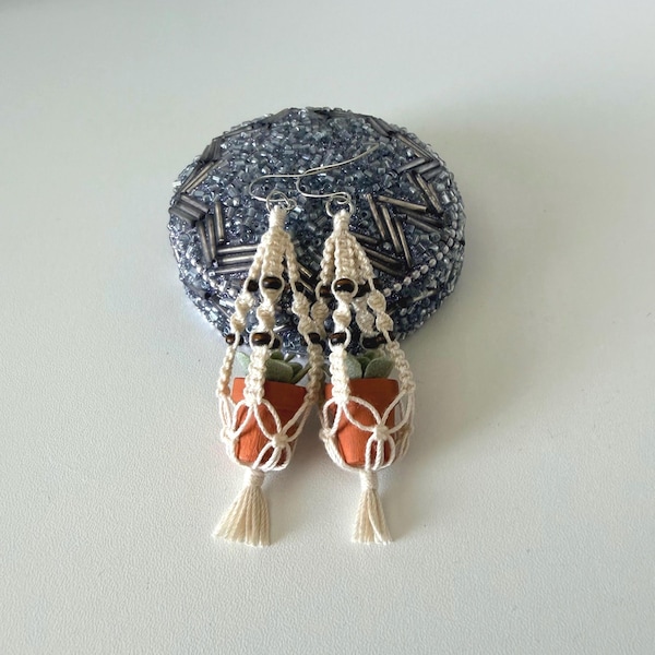 Mini Macrame Plant Hanger Earrings with Beads, Faux Succulents, Wood Pots