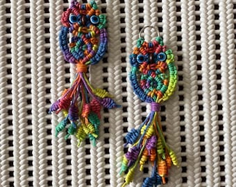 Macrame Evil Eye Owl Keychain: Hemp, Rainbow Purse Charm