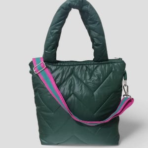Handmade Quilted Green Puffy Tote Bag, EcoFriendly Shoulder Bag with Colorful Strap, Zipper and Pockets, Soft Everyday Tote