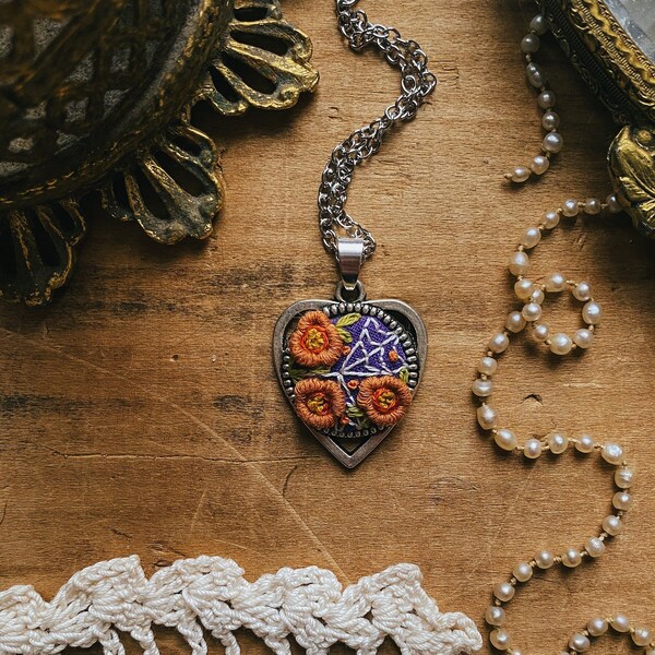 Fun Spider Web Floral Hand Embroidered Necklace Web Roses Halloween Embroidery Necklace