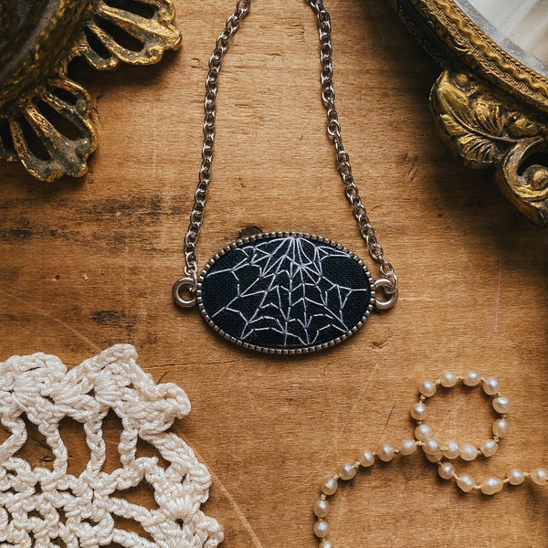 Spiderweb Embroidery Necklace Pendant Spooky Spider Necklace Spiderweb Jewelry Tiny Embroidery Web Gift