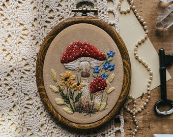Mushroom Embroidery Hoop Wall Art. Hand Embroidered Cottagecore Spring Art.