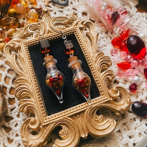 May include: A pair of drop earrings featuring clear glass teardrop-shaped vials filled with small red, orange, and gold beads. Each vial is sealed with a cork stopper and topped with a dark amber square bead, suspended from silver-toned hooks.