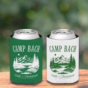 May include: Two green and white can coolers with the text "Camp Bach" and "Callie's Bachelorette Lake Tahoe California".