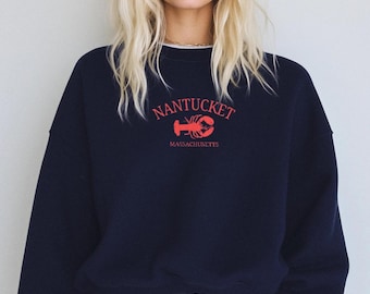 Haftowana bluza Nantucket z homarem, plażowy T-shirt z okrągłym dekoltem w Massachusetts, ubrania w stylu marynistycznym, spersonalizowane rodzinne bluzki Vaca