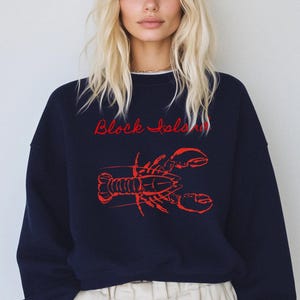 May include: Navy blue sweatshirt with a red lobster graphic and the words "Block Island" in red script. The sweatshirt is a solid color and has long sleeves.