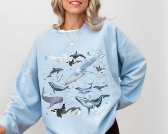 May include: A light blue sweatshirt featuring a watercolour illustration of whales, dolphins, and other sea creatures. The illustration is centred on the sweatshirt and features a variety of blue, grey, and white colours.