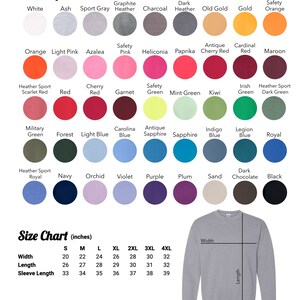 May include: Color chart for a sweatshirt with a size chart in inches. The chart shows 10 rows of color swatches with names like White, Ash, Sport Gray, Graphite Heather, Charcoal, Dark Heather, Old Gold, Gold, Safety Orange, Orange, Light Pink, Azalea, Safety Pink, Heliconia, Paprika, Antique Cherry Red, Cardinal Red, Maroon, Heather Sport Scarlet Red, Red, Cherry Red, Garnet, Safety Green, Mint Green, Kiwi, Irish Green, Heather Sport Dark Green, Military Green, Forest, Light Blue, Carolina Blue, Antique Sapphire, Sapphire, Indigo Blue, Legion Blue, Royal, Heather Sport Royal, Navy, Orchid, Violet, Purple, Plum, Sand, Dark Chocolate, Black. The size chart shows the width and length of the sweatshirt in inches for sizes S, M, L, XL, 2XL, 3XL, and 4XL.