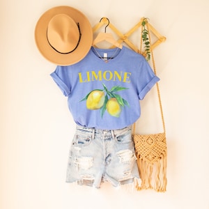 May include: A light blue t-shirt with the word "LIMONE" in yellow, and a watercolor illustration of lemons. The shirt is paired with denim shorts, a tan hat, and a woven crossbody bag. The outfit is hanging on a wooden rack.