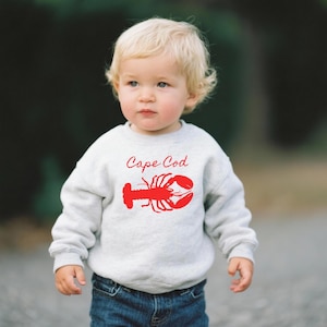 May include: A light gray long-sleeve sweatshirt featuring a red graphic of a lobster centered on the chest. Above the lobster, the text Cape Cod is printed in a red cursive font. The garment has a crew neckline and ribbed cuffs and hem.