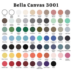 May include: Color chart for Bella Canvas 3001 t-shirts, featuring a wide array of colors. The chart includes shades like white, black, navy, red, and various heathered and solid colors, with the brand name at the top.