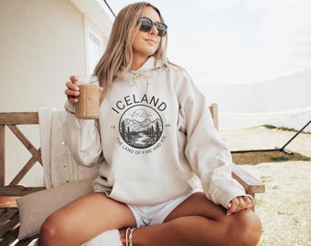 Sudadera de Islandia, tierra de fuego y hielo, vacaciones en Europa, camiseta de recuerdos de Islandia, camiseta de Reikiavik, regalos de cumpleaños para amigos, camiseta de otoño, linda camiseta