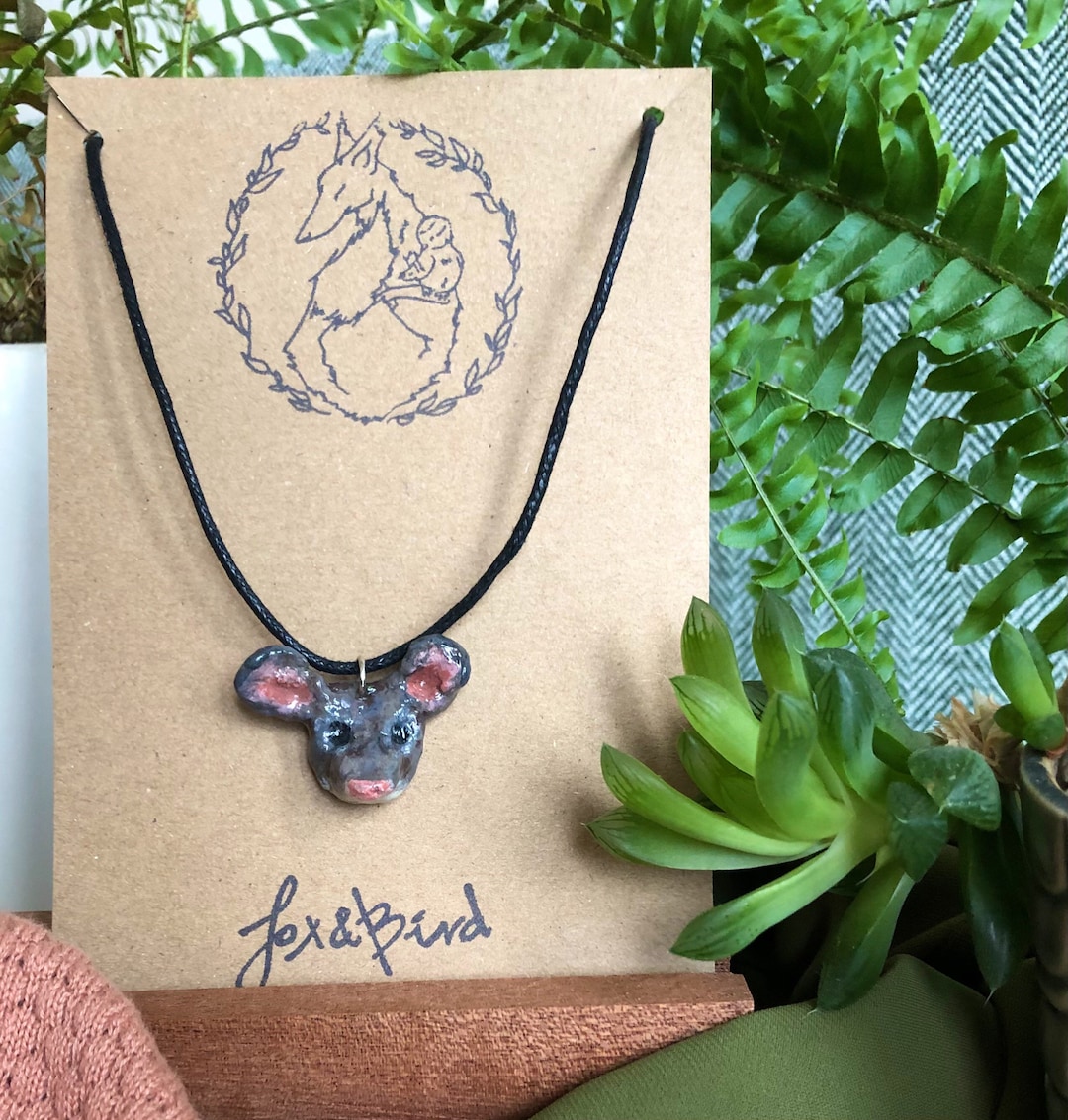 Mouse Head Pendant Paper Clay Grey Mouse Head Necklace Sculpted Papier ...