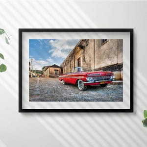 Red Old Car In The Colombian District Painting in Frame, Vehicles Wall Art in Frame, Beige Wall Art, Home Decorations