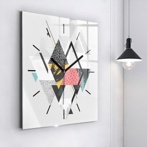 Geometric pattern Glass Clock, Blue Wall Clock, Abstract Hanging Clock, Custom Wall Clock, Numbers or Lines