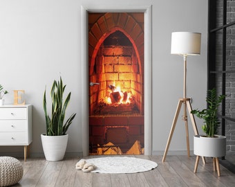 Fireplace With Fire Door Sticker, Self-Adhesive Cover, Architecture Door Mural, Orange Door Decals, Office Door Stickers