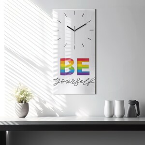 Inscription Be yourself Minimalistic Clock, Multicolour Glass Clock, Text Wall Clock, Custom Wall Clock, Numbers or Lines