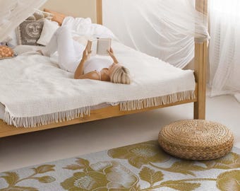Dywan do sypialni w stylu retro z motywem botanicznym, dywan winylowy z kwiatami i roślinami, żółty dywan winylowy, dywan wodoodporny, dywan przyjazny dla zwierząt