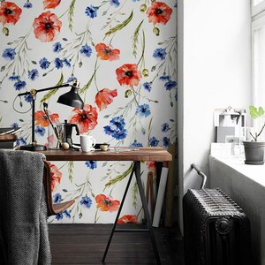 Removable wallpaper - Retro Poppies Wallpaper - Temporary wallpaper - Self adhesive wallpaper - Floral wallpaper - Retro wallpaper #25