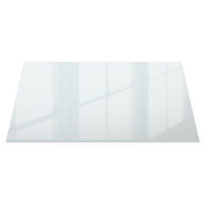 May include: A rectangular, clear glass tabletop with a reflective surface. The glass is transparent, allowing light to pass through, and is set against a white background. The edges are smooth and polished, and the glass reflects the light and shadows of the surrounding environment.