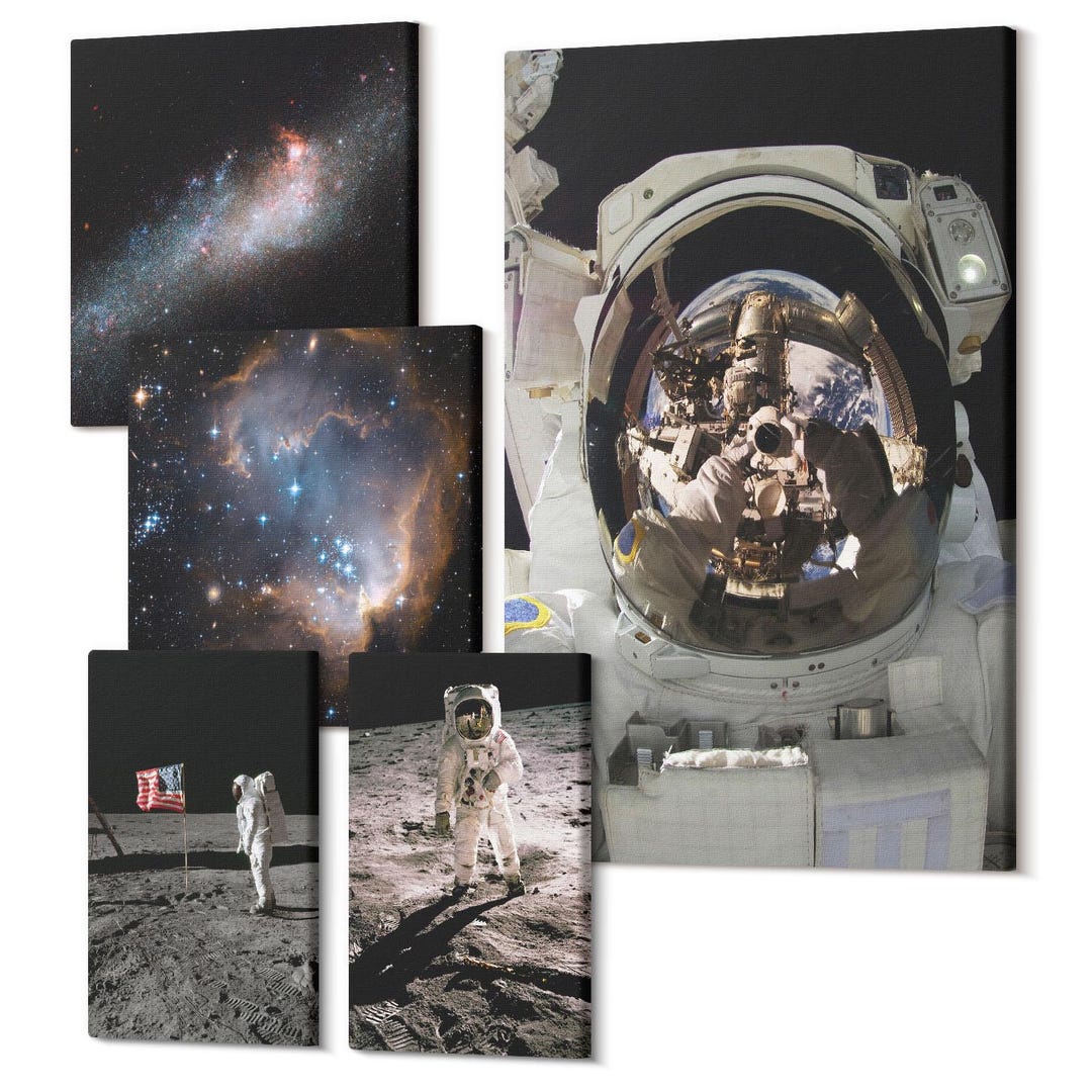Canvas Wall Art Set of 5 - Astronauts Landing on the Moon Photos, Black ...