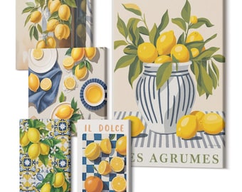May include: A collection of canvas art prints featuring lemon-themed illustrations. The prints showcase lemons on branches, in a vase, and on a table setting. One print includes the text "IL DOLCE FAR NIENTE". The color palette includes yellow, green, blue, and white.