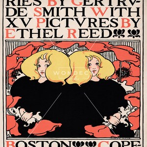 Arabella and Araminta stories 1895 by Ethel Reed poster, beige retro interieurdecoratie, rode retro wanddecoratie, retro housewarmingcadeau afbeelding 3