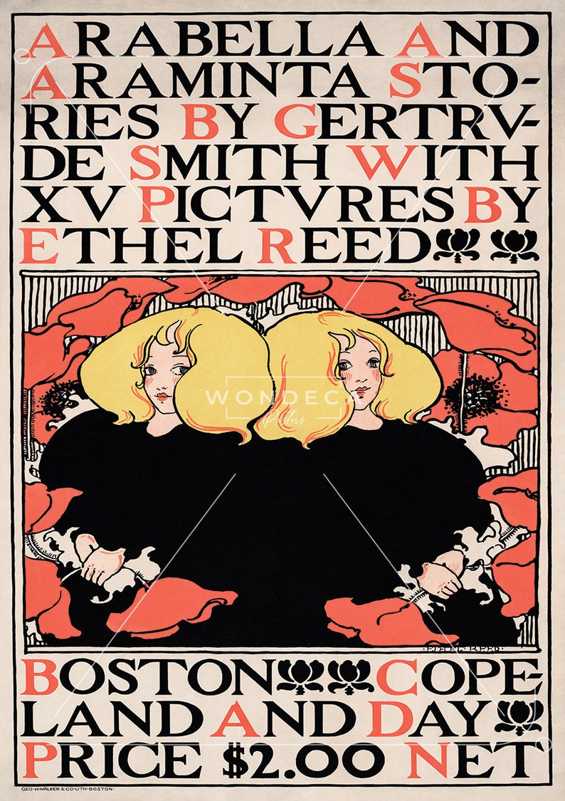 Arabella and Araminta stories 1895 by Ethel Reed poster, beige retro interieurdecoratie, rode retro wanddecoratie, retro housewarmingcadeau afbeelding 3