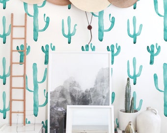 Removable wallpaper - Green Cactus Self Adhesive Wallpaper Roll - Watercolor wallpaper - Temporary cacti wallpaper- Floral wall mural #2