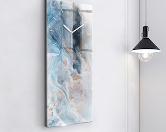 Marble pattern Hanging Clock, Blue Glass Clock, Abstract Wall Clock, Horizontal Decorative Clock, Numbers or Lines