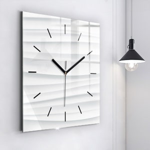 Waves texture Glass Clock, White Minimalistic Clock, Abstract Wall Clock, Personalised Clock, Numbers or Lines Collection