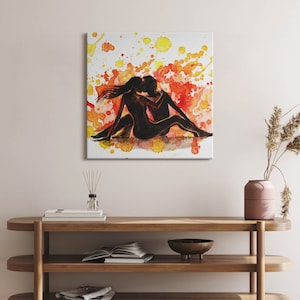 Loving couple in love Canvas, Wall Art Picture, Orange Wall Decoration, Art Canvas Art