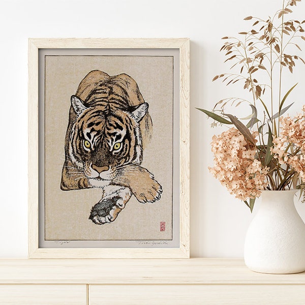 Poster Wand Kunst Japanischer Druck Tiger von Yoshida Toshi #RO382 Beige, Orange, Art Replica, Fine Art Print, Retro Japanisch