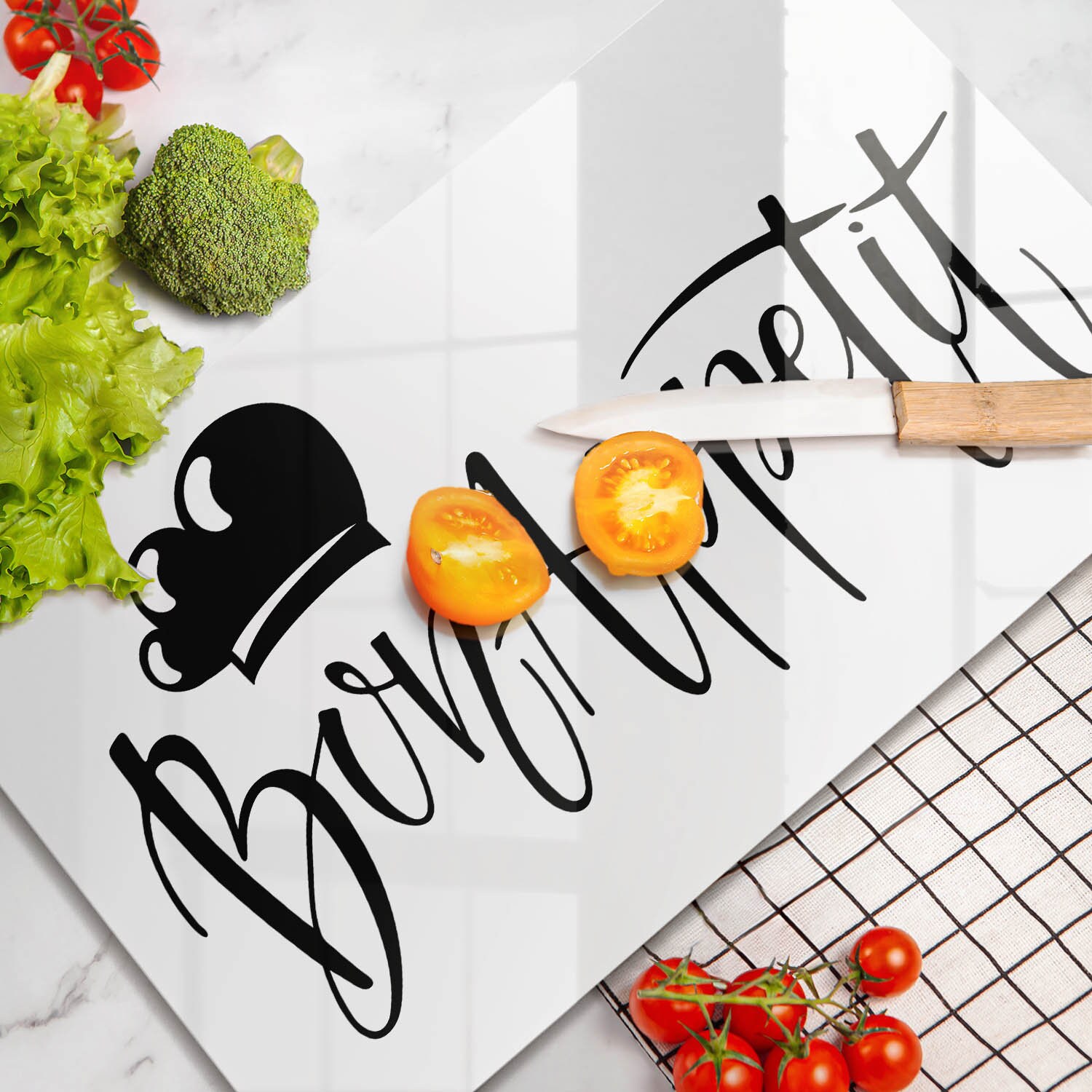 Planche à découper Bon appétit, planche à découper en verre trempé, décoration de cuisine blanche, grande planche à découper