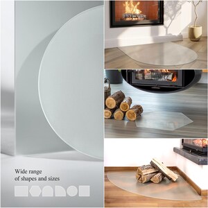 May include: A collection of transparent floor hearth pads in various geometric shapes including circles, hexagons, and rectangles. The pads are made of clear material and are designed to be placed on the floor in front of fireplaces.