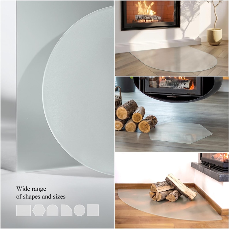 May include: A collection of transparent floor hearth pads in various geometric shapes including circles, hexagons, and rectangles. The pads are made of clear material and are designed to be placed on the floor in front of fireplaces.