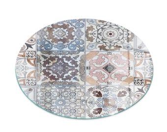 Mosaic Patterns In Tiles Round Fireplace Floor Plate, Gray Fireplace Decoration, Glass Fireplace Hearth, Sleek Stove Hearth Plate