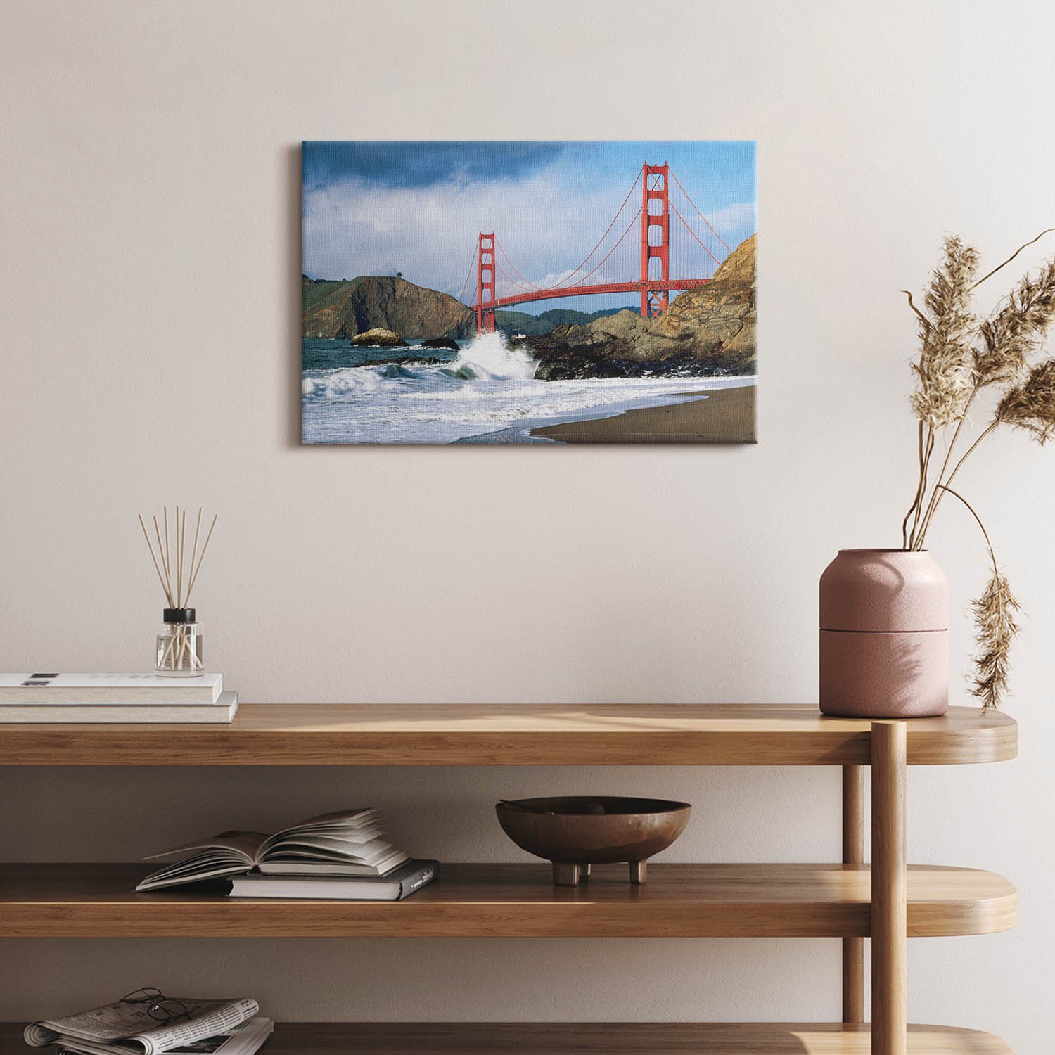 海の波、海岸、赤い橋のキャンバス、絵画の壁掛け、青い壁アート、風景
