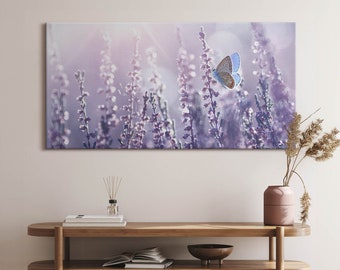 Toile papillon sur fleurs sauvages, tableau à accrocher, décoration murale violette, impression sur toile animaux