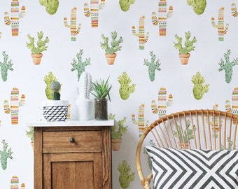 Removable wallpaper - Cactus Self Adhesive Wallpaper Roll - Peel and stick wallpaper - Repositionable cacti wallpaper, Boho style mural #1